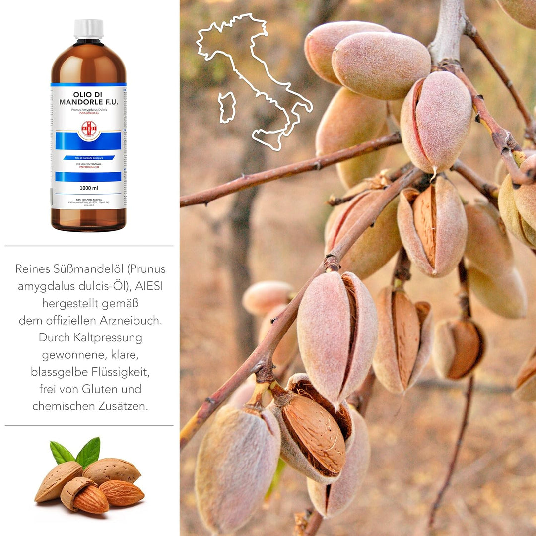 AIESI® Mandelöl Süss Ph.Eur. 100% rein kaltgepresst (1 Liter Flasche), Für pharmazeutische, lebensmi