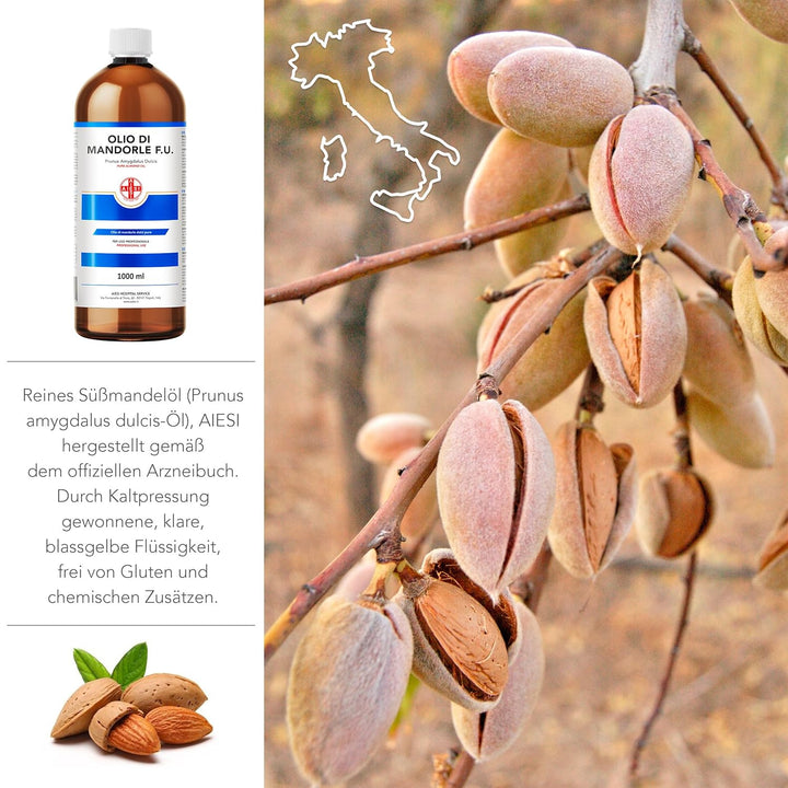 AIESI® Mandelöl Süss Ph.Eur. 100% rein kaltgepresst (1 Liter Flasche), Für pharmazeutische, lebensmi
