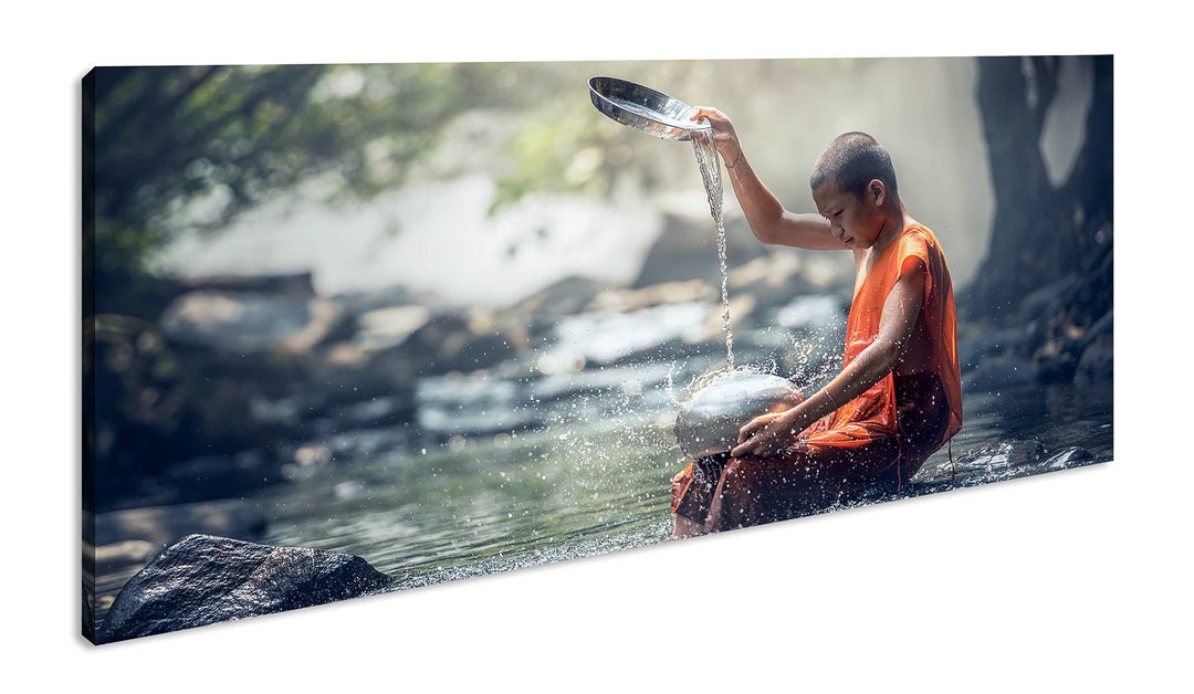 Buddhistischer Mönch Panorama 60x30 cm als Leinwandbild, Motiv fertig gerahmt auf Echtholzrahmen, Ho