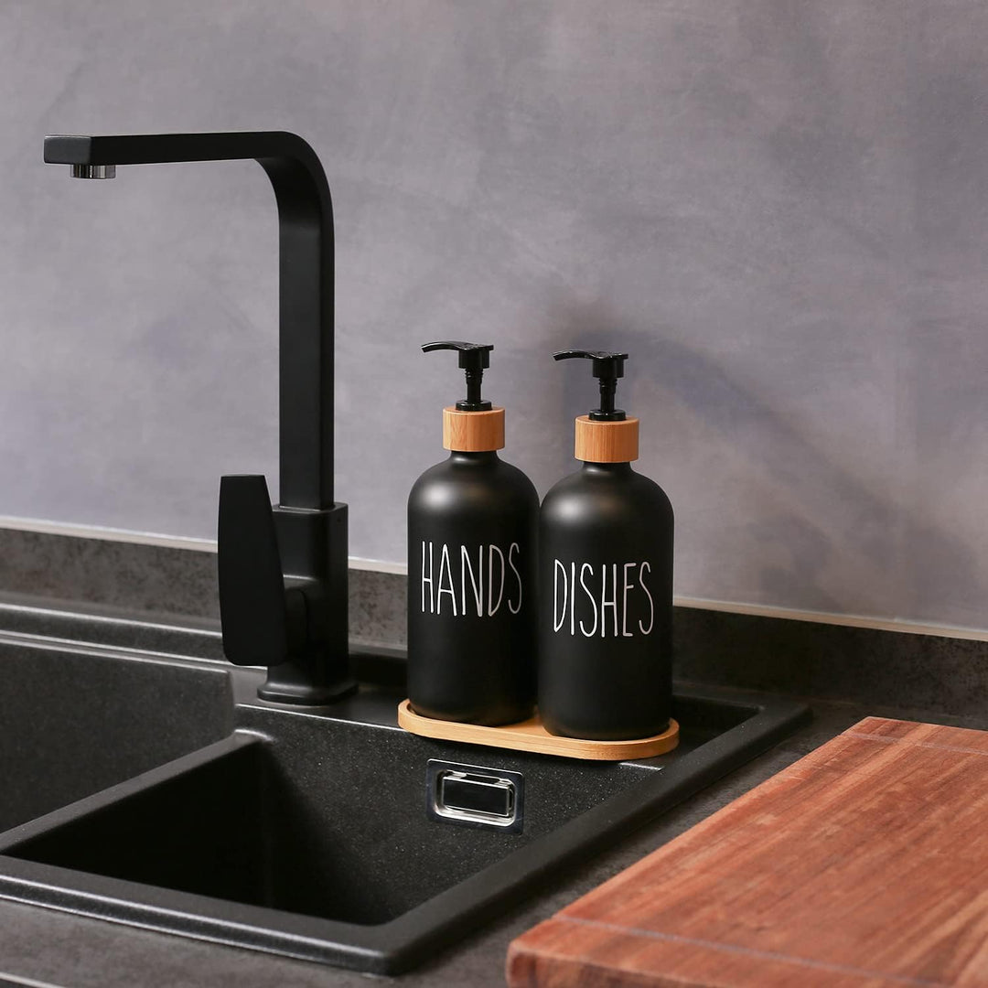 MOMEEMO Glas Seifenspender Set, Enthält Glas Handseifenspender und Glas Dish Seifenspender Matt Schw