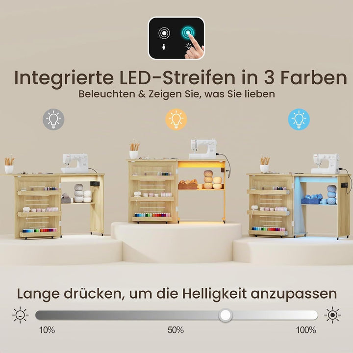 Gurexl 2 in 1 Nähtisch klappbar mit Ladestation und Led Beleuchtung,Nähmaschinentisch mit Ablagefach