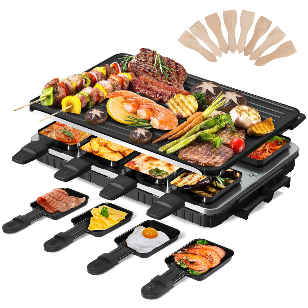2-in-1 Raclette Grill 8 Personen Elektrisch Tischgrill Antihaftbeschichtet Wende-Grillplatte Elektro