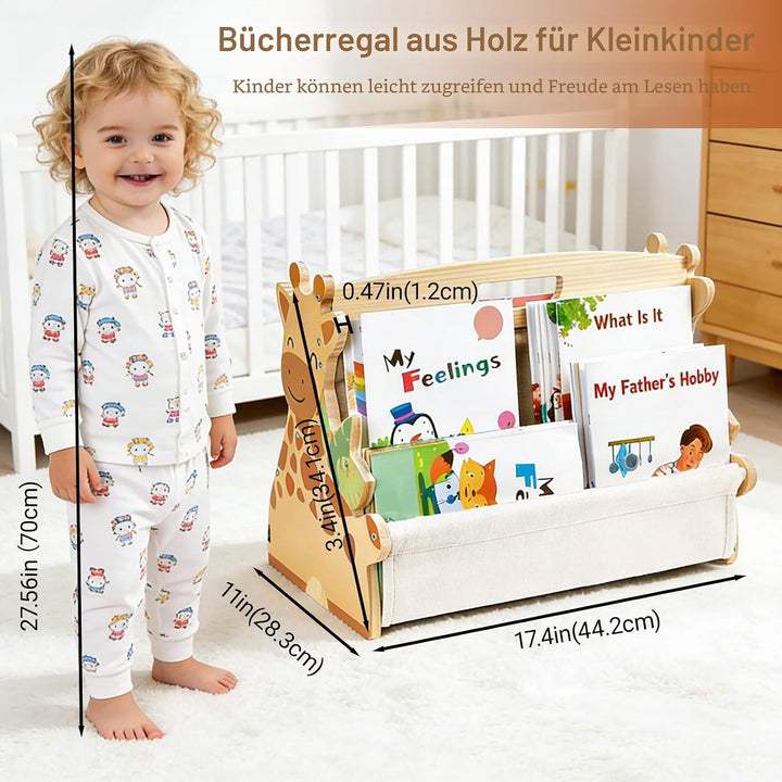 Kinder Bücherregal aus Holz, Montessori Bücherregal mit robusten Canvas-Taschen, tragbar mit Griff,
