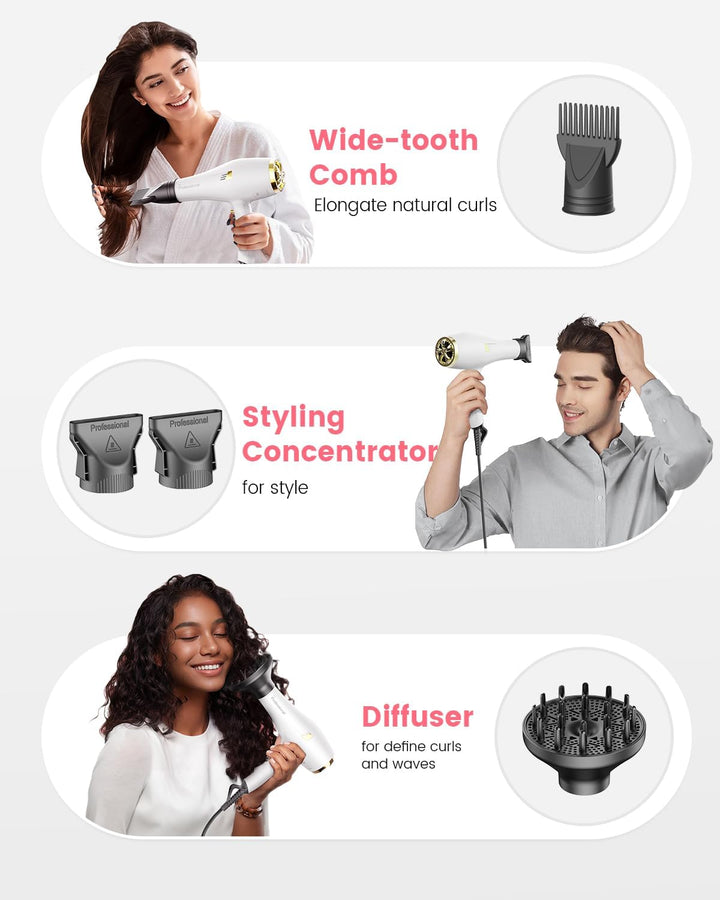 Dekuri Föhn Ionen, Profi Fön Haartrockner Hair Dryer Haarföhn mit 1 Diffusor 2 Stylingdüse, 3 Heiz u