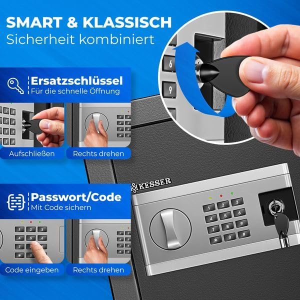 KESSER® Elektronischer Tresor | 31x20x20cm | Inkl. Batteriebox | Elektronischer Safe | 3x Doppelbolz