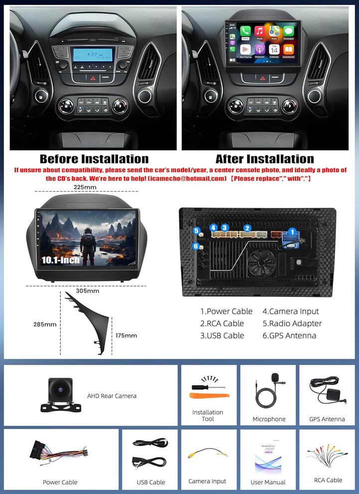 CAMECHO Android 15 Qualcomm Octa Core 4G+64G Autoradio für Hyundai IX35 2010-2015 mit Carplay Androi