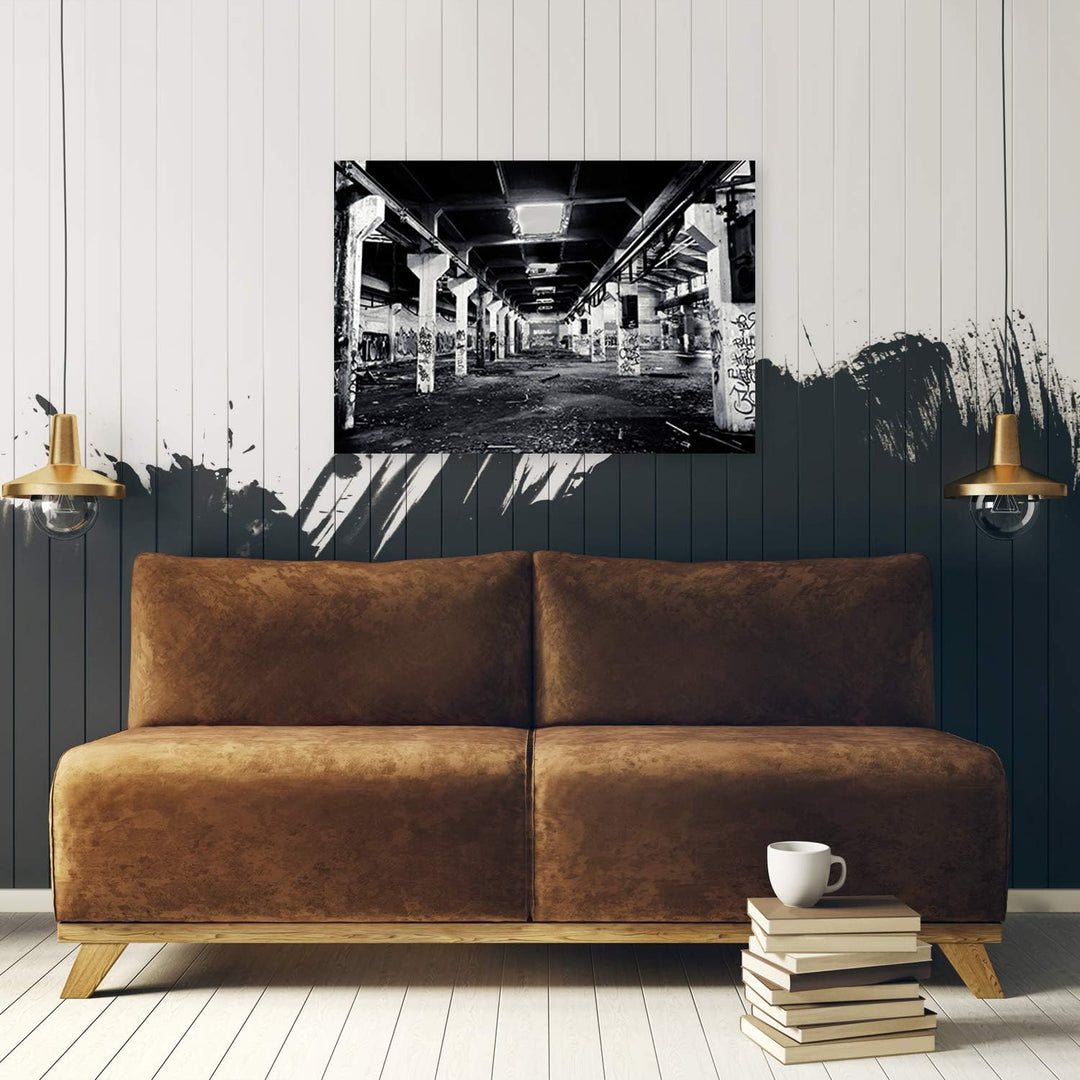 Wanddeko Street Art Kunst modern Bilder Fabrik schwarz-weiss 100x70 cm Deko Paneel 100x70 cm schwarz