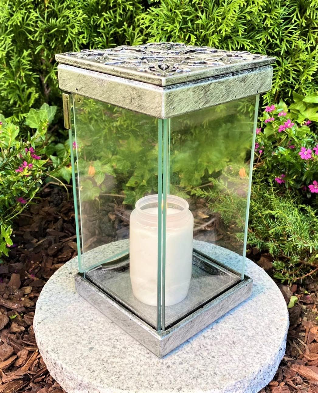 Grablampe mit Tür - GRANITSOCKEL GRATIS NEU NEU! 24 cm H. - Handmade - Grabkerze Grabdekoration Grab