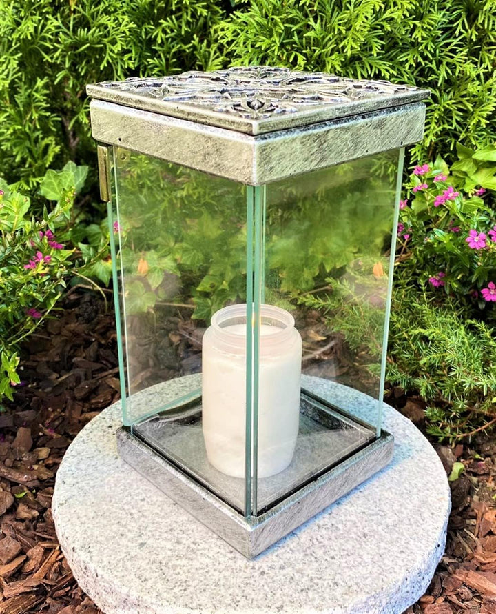 Grablampe mit Tür - GRANITSOCKEL GRATIS NEU NEU! 24 cm H. - Handmade - Grabkerze Grabdekoration Grab