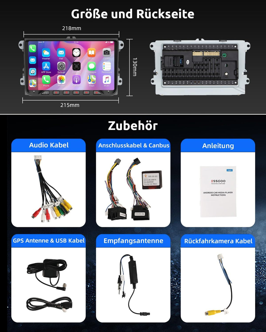 ESSGOO 9 Zoll Android 14 Autoradio für VW Golf 5 6 Passat Polo Touran Tiguan Caddy T5 Seat – Auto Ra