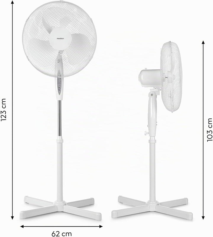 MEDION Standventilator mit Fernbedienung, drei Geschwindigkeitsstufen, 45 Watt Leistung, 36 cm, Schw