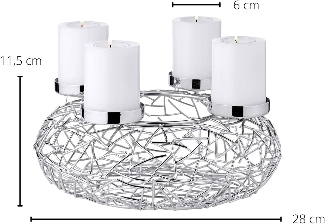 EDZARD Adventskranz Milano, Durchmesser 28 cm, für Kerzen Durchmesser 6 cm, Edelstahl vernickelt sil