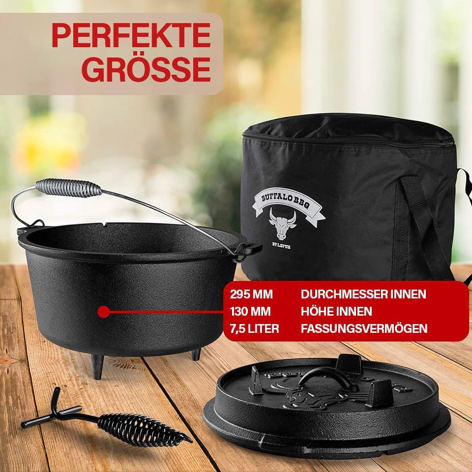 BUFFALO BBQ eingebrannter Dutch Oven - gusseiserner Feuertopf mit 7,5 L Fassungsvermögen - inkl. Dec