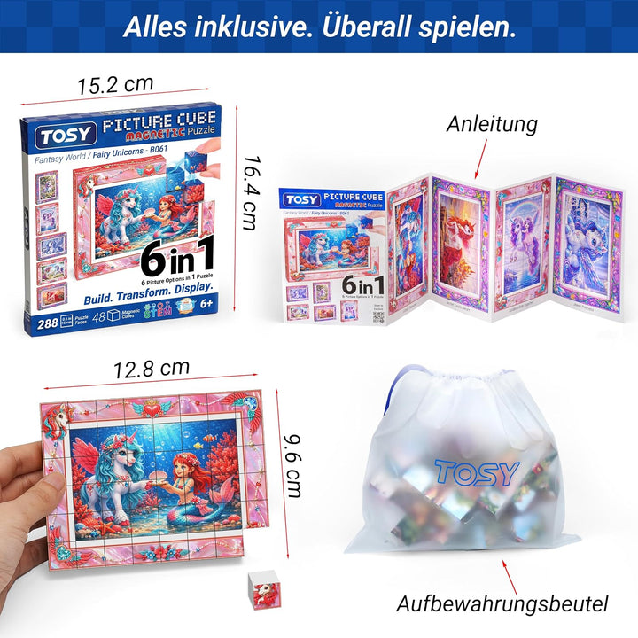 TOSY Picture Cube Fairy Unicorns: 6-in-1 magnetisches Bilderpuzzle, 48 Blöcke, 288 Flächen/Magnete,