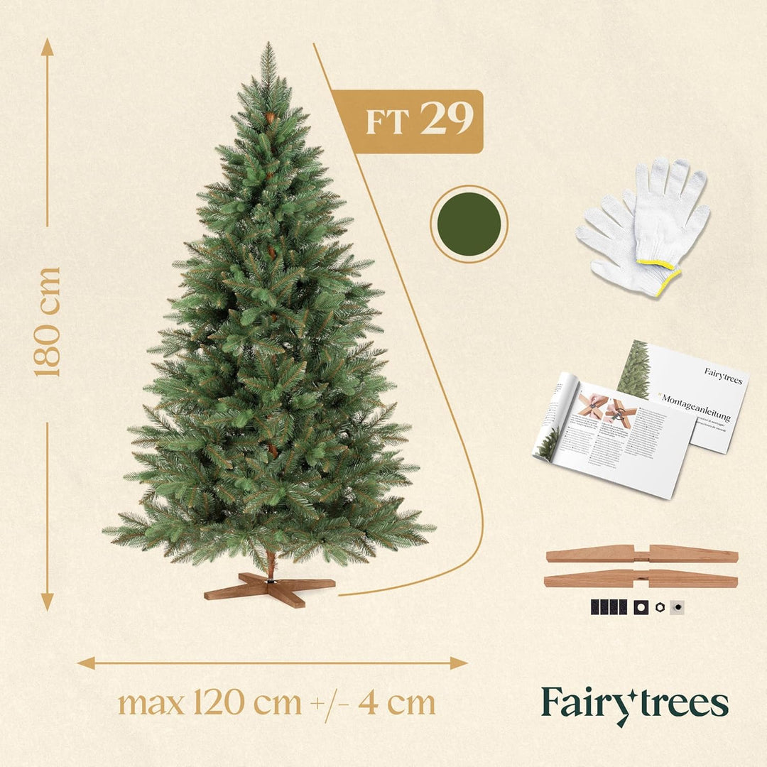 FAIRYTREES Weihnachtsbaum künstlich, Nordmanntanne Premium 180 cm, Naturgetreue Spritzguss Elemente,