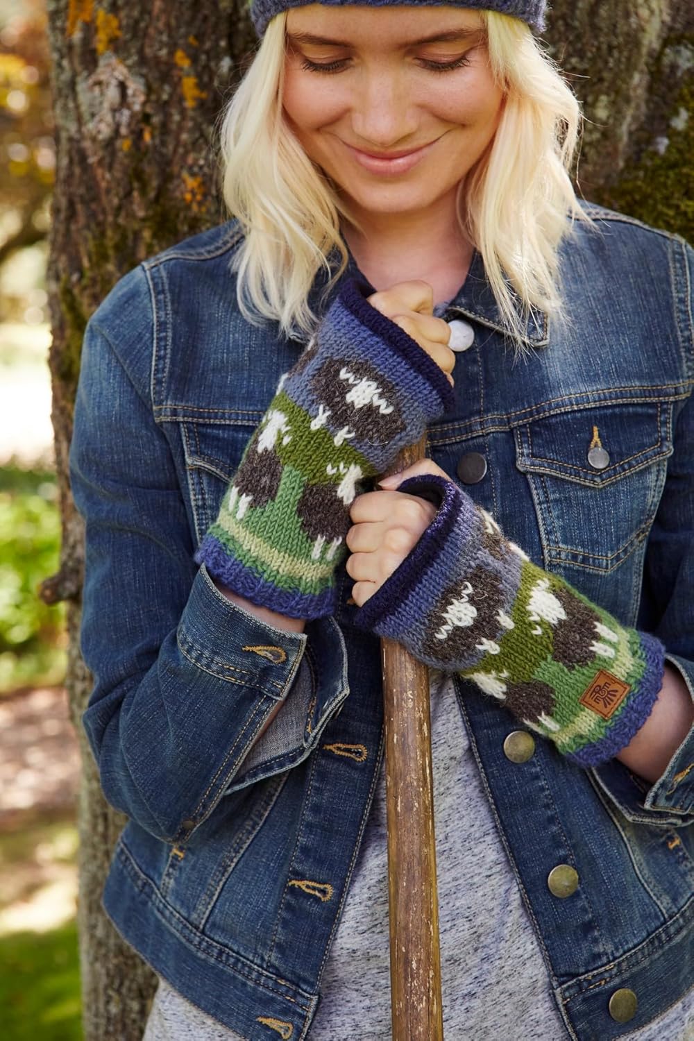 Pachamama Damen-Handwärmer aus Wolle, mit Fleece gefüttert, handgestrickt, Herdwick-Schaf, mehrfarbi