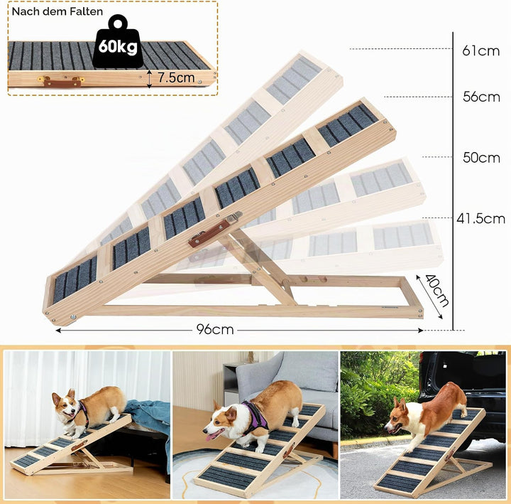 Hunderampe Klappbar aus Massivholz Höhenverstellbar mit abnehmbaren Anti-Rutsch-Leisten Für ältere H