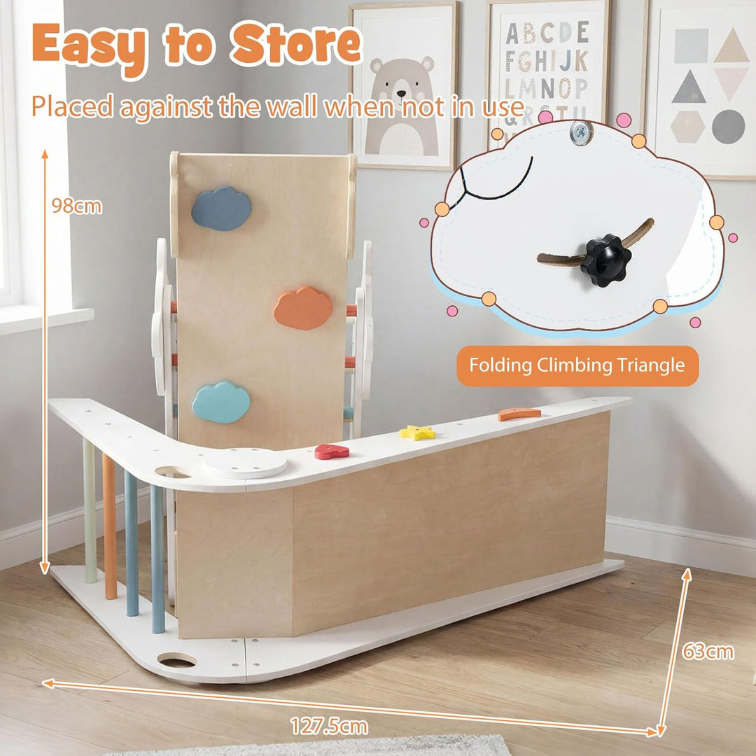 FANTASK Kletterdreiecke Indoor 3er Set, Klappbares Klettergerüst Holz mit Rutsche, Rampe & Kletterle