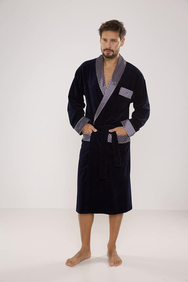 FOREX Lingerie edler und hochwertiger Baumwoll-Bademantel Herren-Mantel im tollen Design L Marine, L