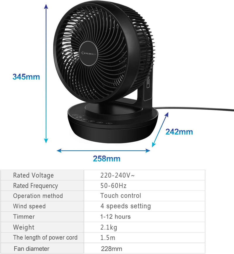 MYCARBON Ventilator Leise Turbo-Ventilator + 3D Luftumwälzer für 30m² |ECO-Mode Klimagerät-Effizienz