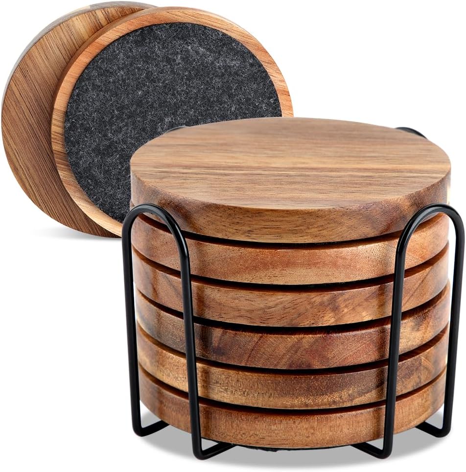 Untersetzer Gläser Holz 6er Set, Untersetzer aus Akazienholz & Filz mit Halter, Glasuntersetzer Holz