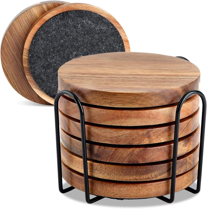 Untersetzer Gläser Holz 6er Set, Untersetzer aus Akazienholz & Filz mit Halter, Glasuntersetzer Holz