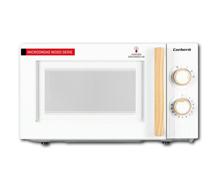 Corberó CMICG270WOODW Mikrowelle, 20 Liter, Weiss, Leistung 700 W, Auftauen, 5 Leistungsstufen, mech