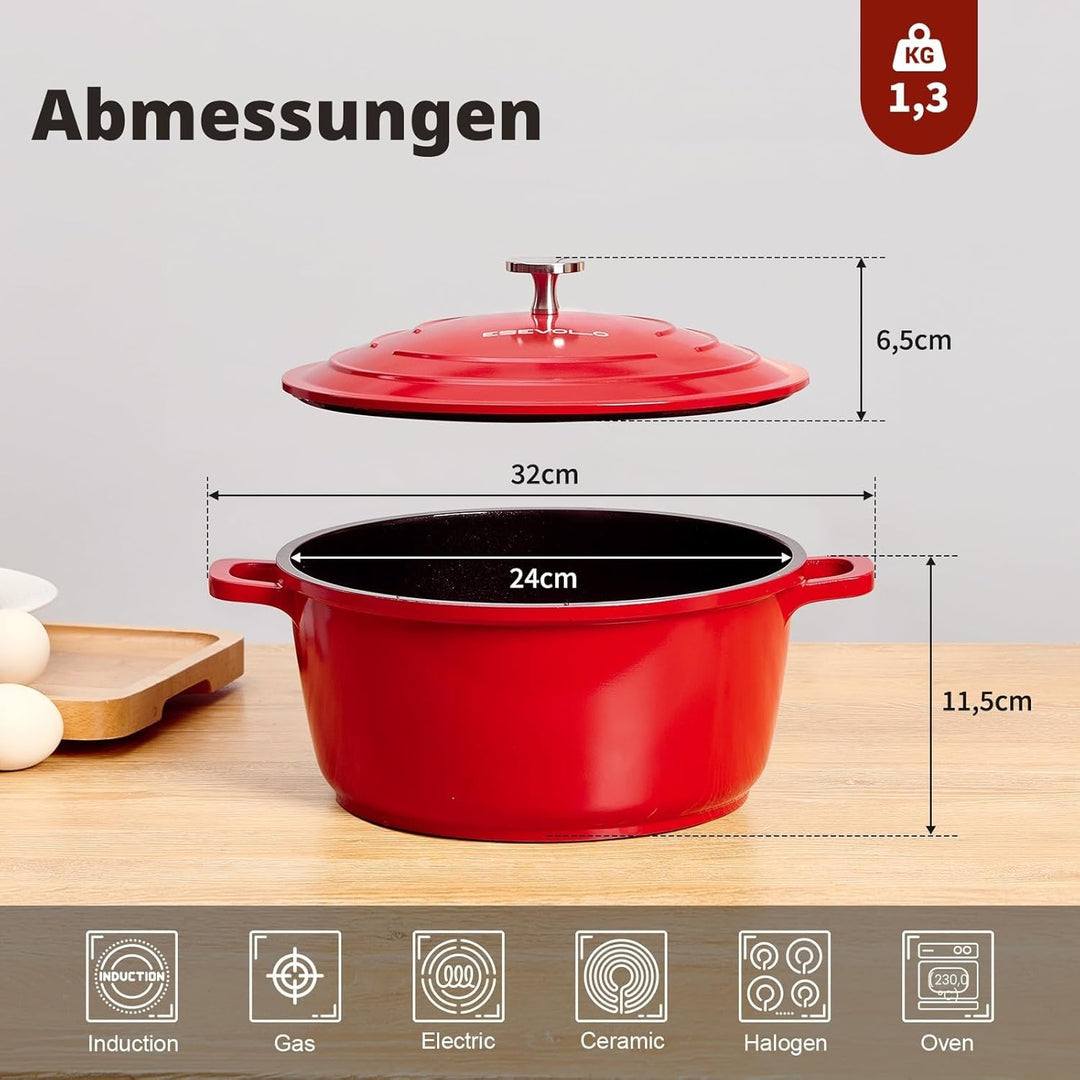 Bräter mit Deckel Schmortopf Induktion 24 cm Brot Backen Dutch Oven Stil, leichter als Gusseisen Top