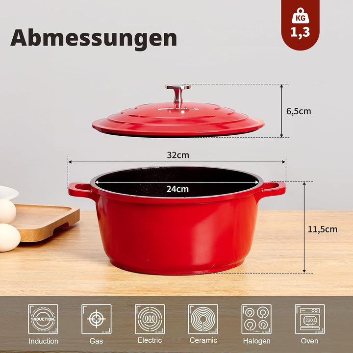 Bräter mit Deckel Schmortopf Induktion 24 cm Brot Backen Dutch Oven Stil, leichter als Gusseisen Top