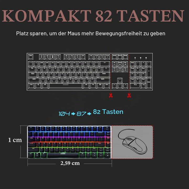AK33 USB-Kabelgebundene Mechanische Gaming-Tastatur, 80 % Blaue Schalter Keyboard mit 19 RGB-Chroma-