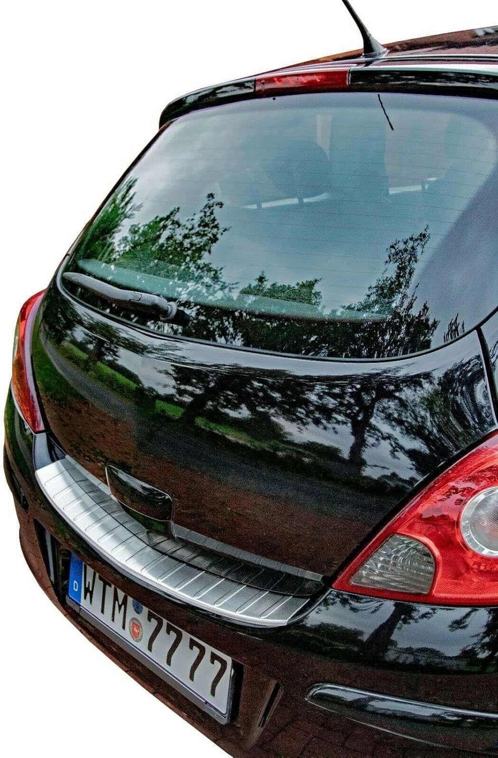 RECAMBO Ladekantenschutz Edelstahl kompatibel für OPEL Corsa D | 2006-2014 - matt gebürstet mit Text