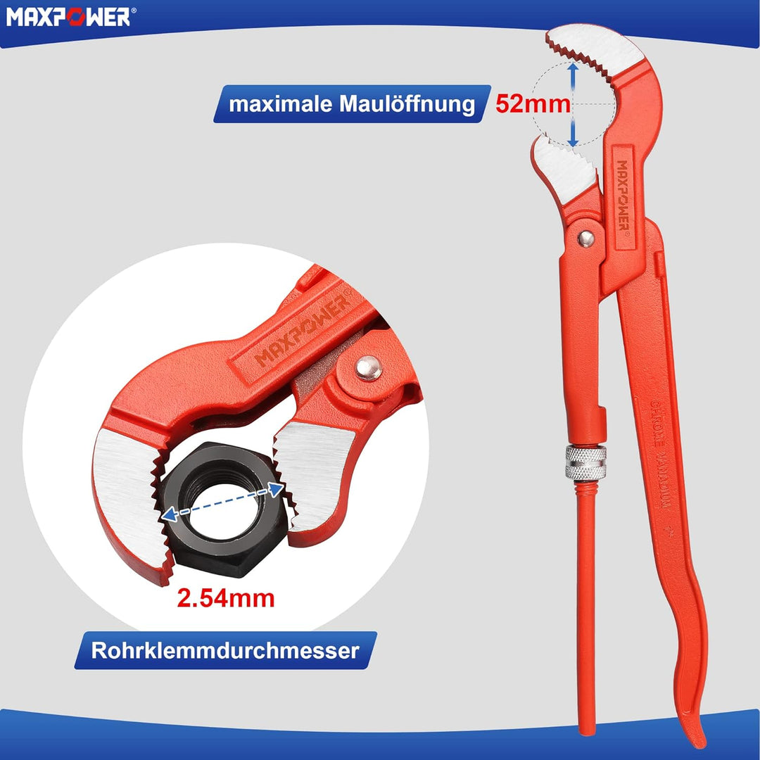 MAXPOWER Abgewinkelte Eck-Rohrzange 1 Zoll S-Maul Wasserrohrzange 330mm S-förmige Backe x 30,5 cm Lä