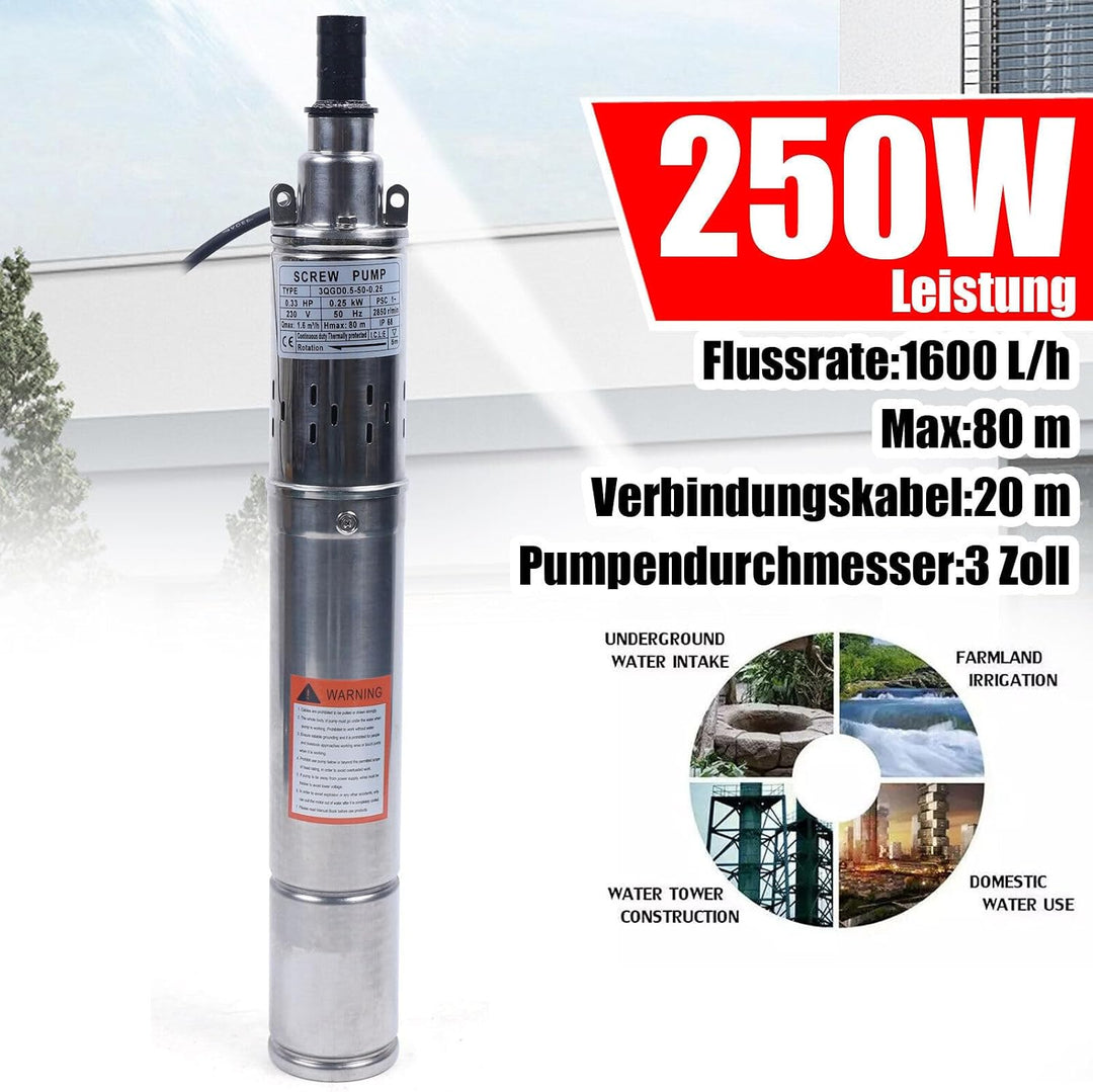 250W Tiefbrunnenpumpe, 20DB Edelstahl Wasserpumpe, 1600 Liter/Stunde, Eintauchtiefe bis 262 Zoll, fu