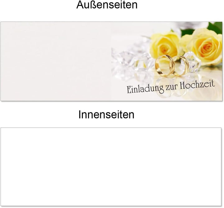 50 Stück Einladungskarten zur Hochzeit (EKT-104) Format DIN A6 - Einladungen Ringe auf gelben Rosen
