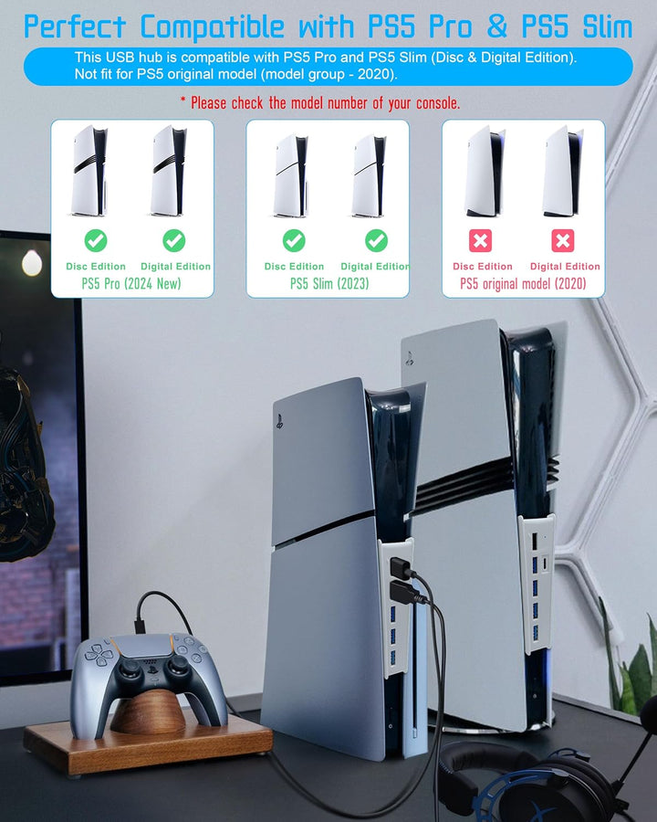 Joso 6 Port USB Hub für PS5 Pro/Slim, USB High-Speed Expansion Hub Ladegerät Splitter Kompatibel mit