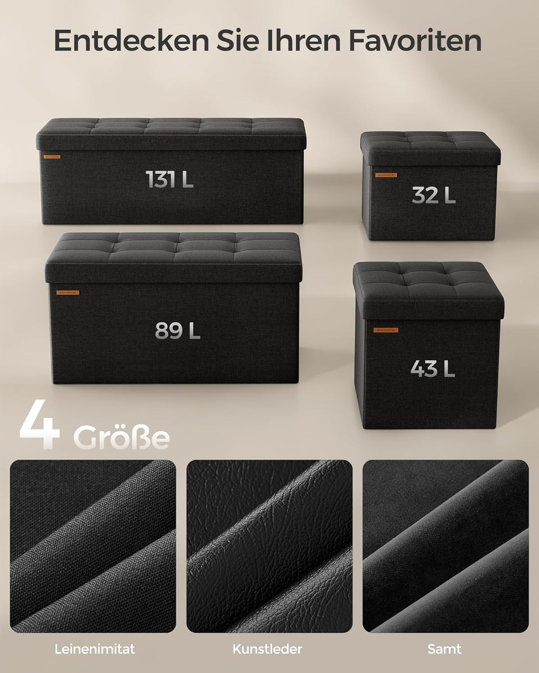 SONGMICS 110 cm Sitzbank mit Stauraum, klappbare Sitztruhe, Aufbewahrungsbox, Fussbank, basisschwarz