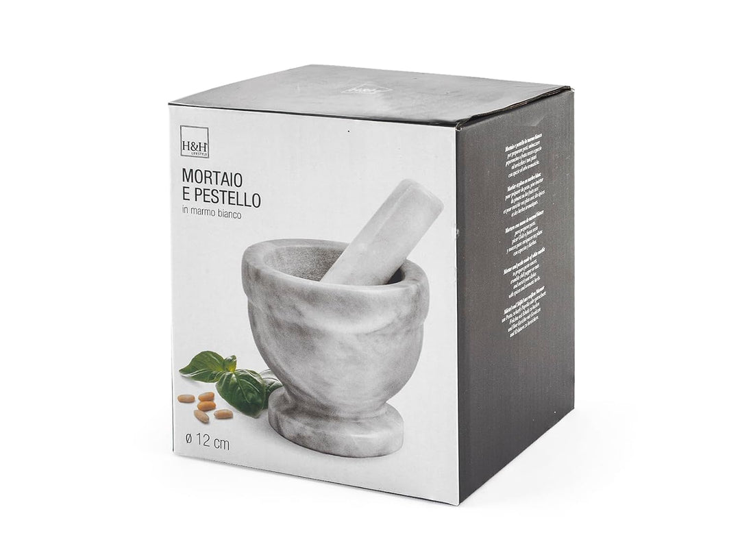 Home Mörser mit Stössel, Marmor, Weiss/Grau, 12 cm