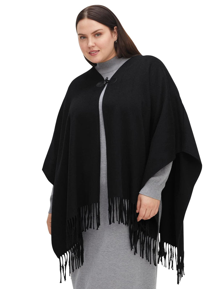 Sheego Damen Grosse Grössen Poncho im Cape-Stil, mit Fransen und Knebelverschluss Freizeitmode klass
