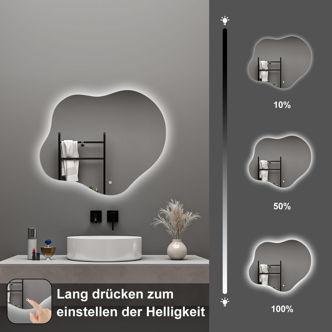 Aica Sanitär Badspiegel Asymmetrisch 50×45cm 3 Lichtfarben dimmbar Memory Touch Wandschalter Beschla