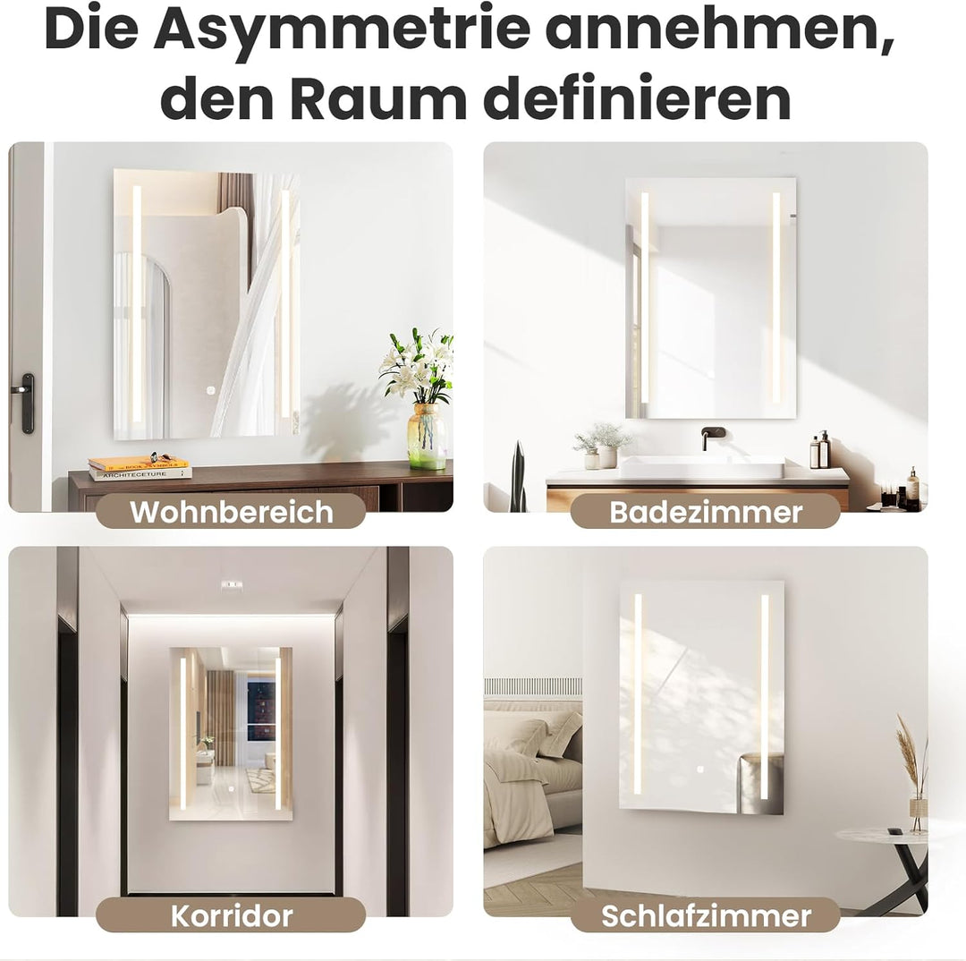 50x70 cm LED Badspiegel mit Beleuchtung Badezimmermit Touch-Schalter, 3 Lichtfarben, Badezimmerspieg