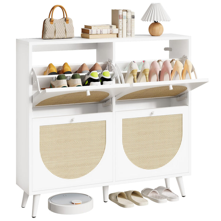 IRONCK Schuhschrank Rattan, schmal Schuhkipper mit 4 Klappen, freistehende Schuhregal, Schuhkommode