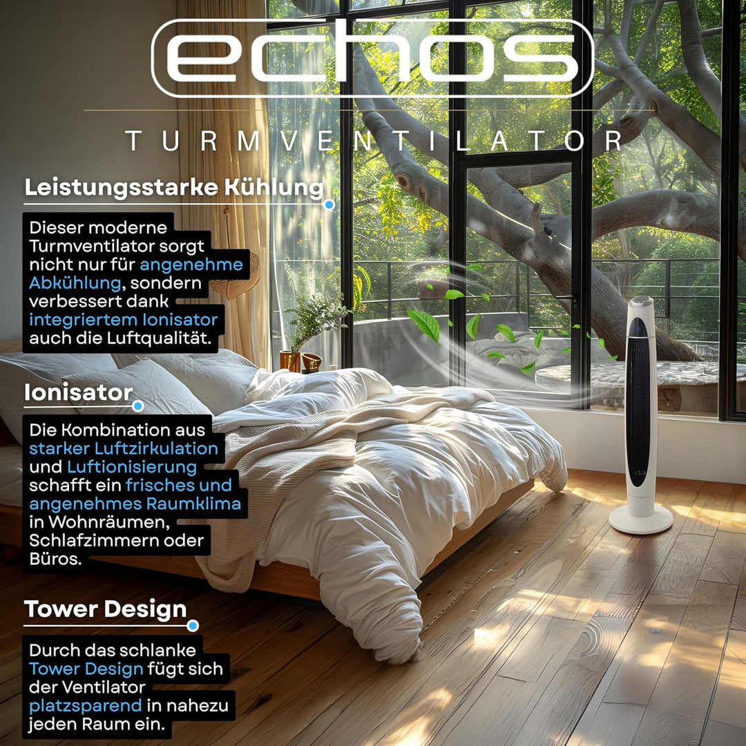 Echos Turmventilator | 3 Stufen | 3 Modi | 60 Watt | 8 Timer | Luftkühler | Fernbedienung | LED-Leuc