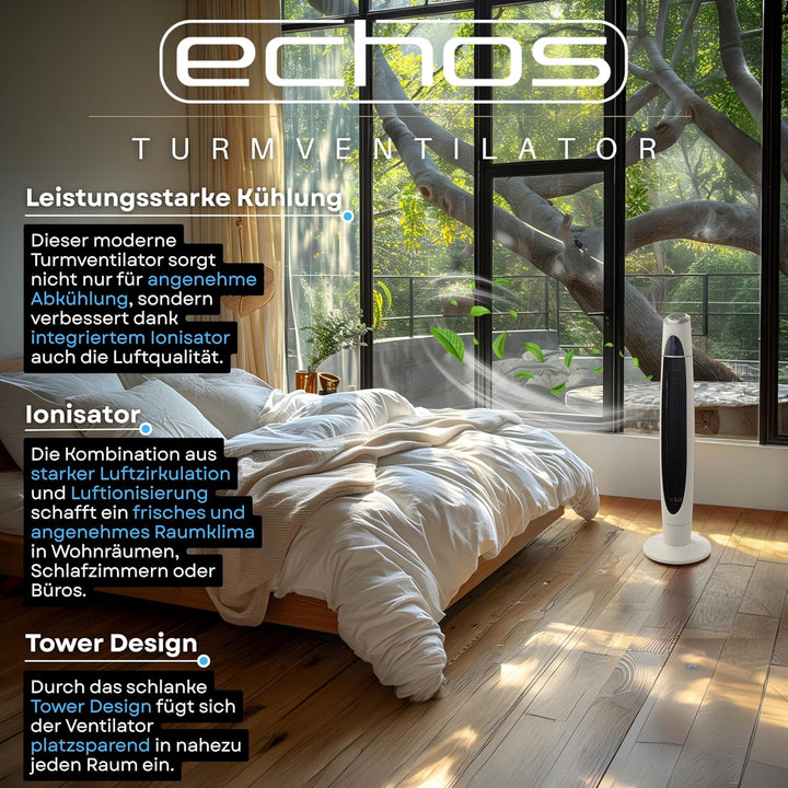 Echos Turmventilator | 3 Stufen | 3 Modi | 60 Watt | 8 Timer | Luftkühler | Fernbedienung | LED-Leuc