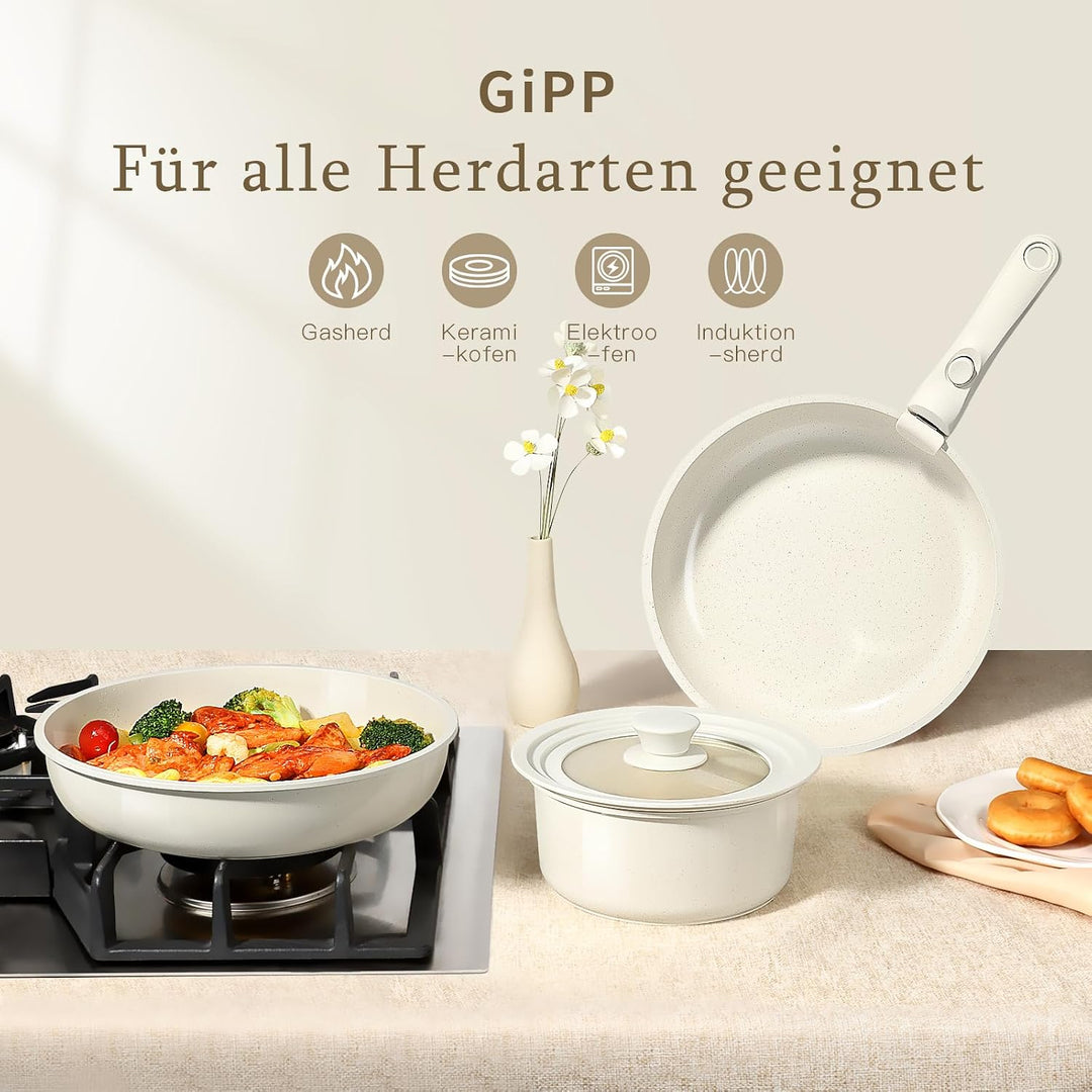 GiPP Pfannenset Topfset mit Abnehmbarer Griff, 15-Teilig Topfsets Induktion mit Keramik Antihaft Bes