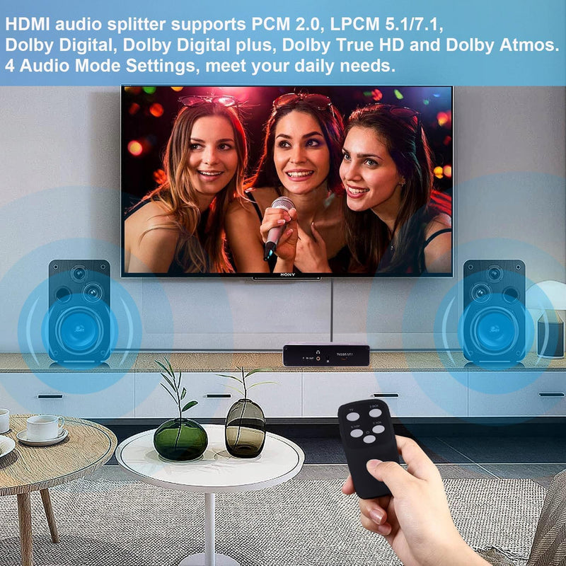 Tendak HDMI 2.1 Audio Extraktor, HDMI Audio Splitter 8K@60Hz HDMI zu HDMI/Optisch Spdif/Coaxial/3,5m