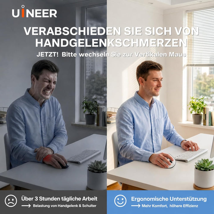 Uineer Ergonomische Maus Kabellos, Vertikale Bluetooth Maus Wiederaufladbar mit Leisem klick, 7 Farb