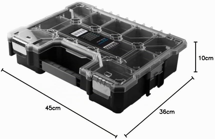 STROXX® Sortimentskasten 454x360x105mm - Werkzeugbox mit vielen Fächern - stapelbar für Garage/Werks