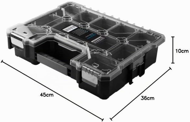 STROXX® Sortimentskasten 454x360x105mm - Werkzeugbox mit vielen Fächern - stapelbar für Garage/Werks