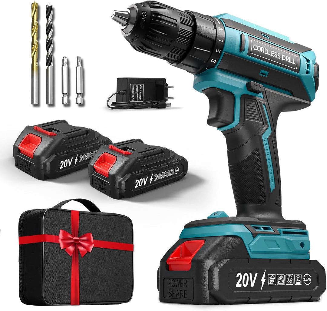 Akkuschrauber mit 2x 2000mAh Akkus, 20V Akku Bohrschrauber Set 42Nm Max, 2-Gang Akku-Bohrmaschine, K