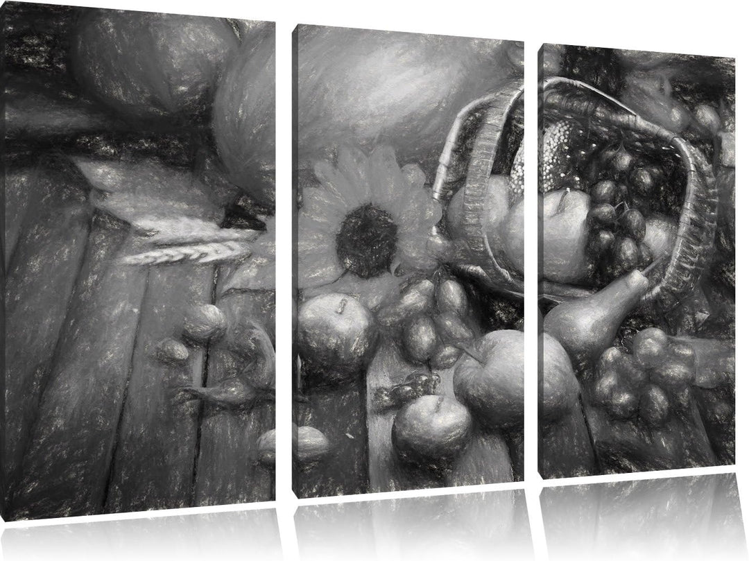 Pixxprint Herbstlicher Obstkorb Kohle Zeichnung Effekt 3-Teiler Leinwandbild 120x80 Bild auf Leinwan